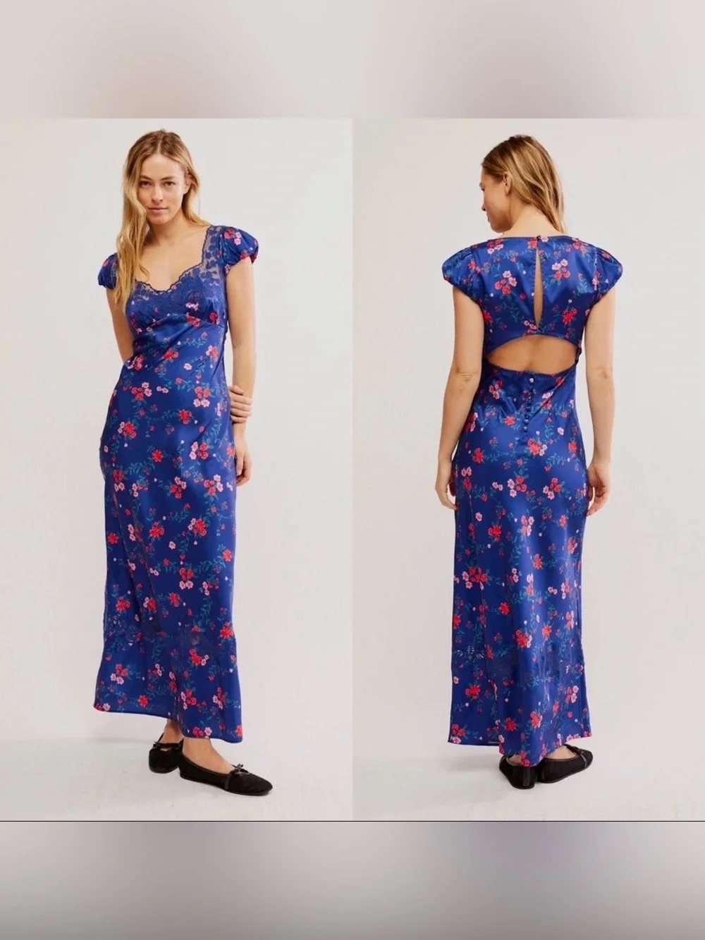 Free People Butterfly Babe‎ Maxi Dress Blue Floral Cut Out Medium